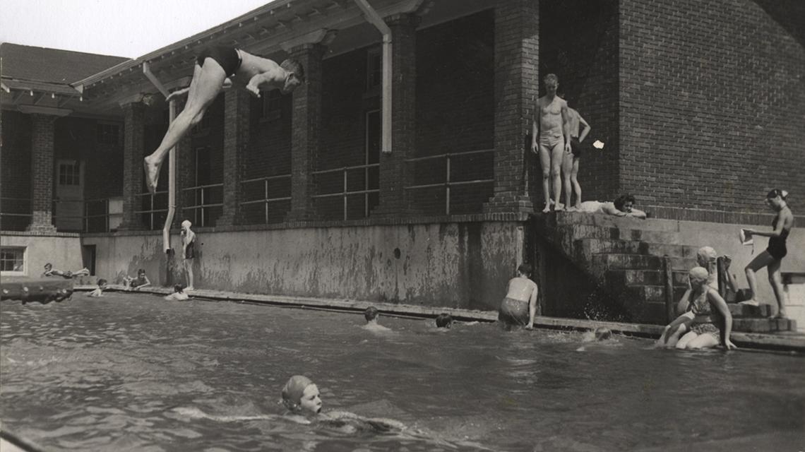 Students enjoy Kilby Hall swimming pool, circa 1935