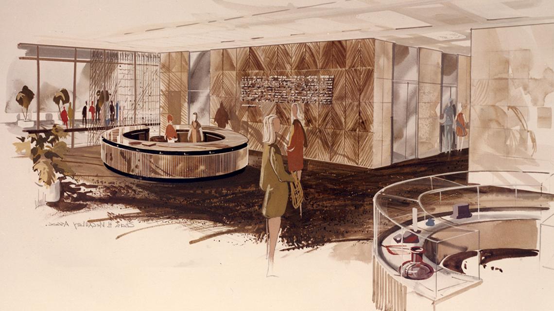 Rendering of the original lobby for the Houston Cole Library